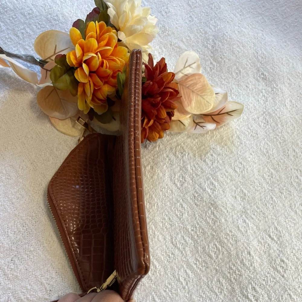 Brown Faux Crocodile-Embossed‎ Clutch